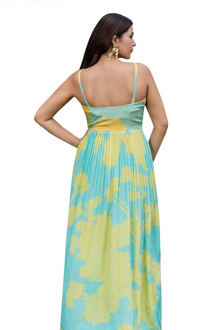 Buy_Saangi_Yellow Chiffon Sweetheart Neck Abstract Print Top With Palazzo 