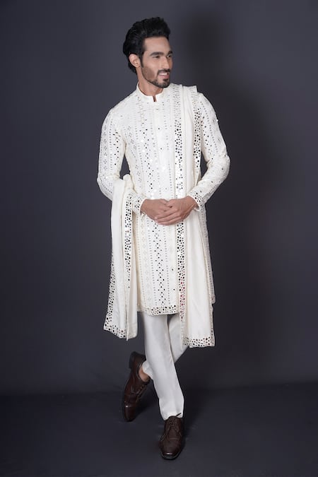 Shop_Archana Kochhar_Ivory Georgette, Silk, Cotton Embroidery, Mirrors Kurta Set 