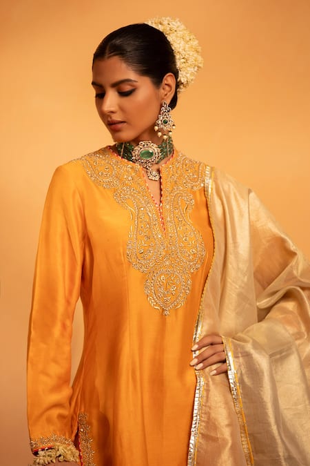Swati Wadhwani Couture Yellow Tissue, Chanderi Pearls, Zari, Shaan Paisley Embellished Kurta Set at Aza Fashions Swati Wadhwani Couture_Yellow Tissue, Chanderi Pearls, Zari, Shaan Paisley Embellished Kurta Set _at_Aza_Fashions