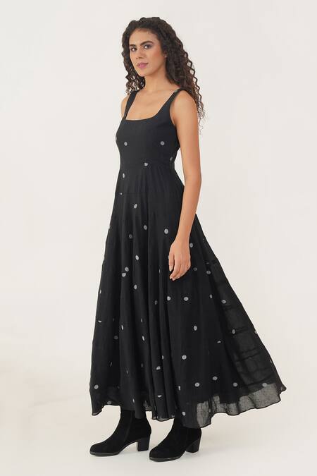 Indigo Dreams Black Cotton Square Neck Olivia Jamdani A-line Dress at Aza Fashions Indigo Dreams_Black Cotton Square Neck Olivia Jamdani A-line Dress _at_Aza_Fashions