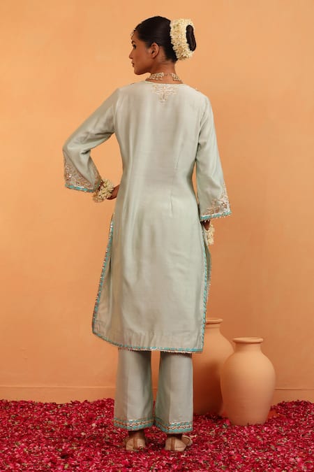 Shop_Swati Wadhwani Couture_Blue Organza, Chanderi Pearls, Gota Patti V-neck Noor Detailed Kurta Set _at_Aza_Fashions