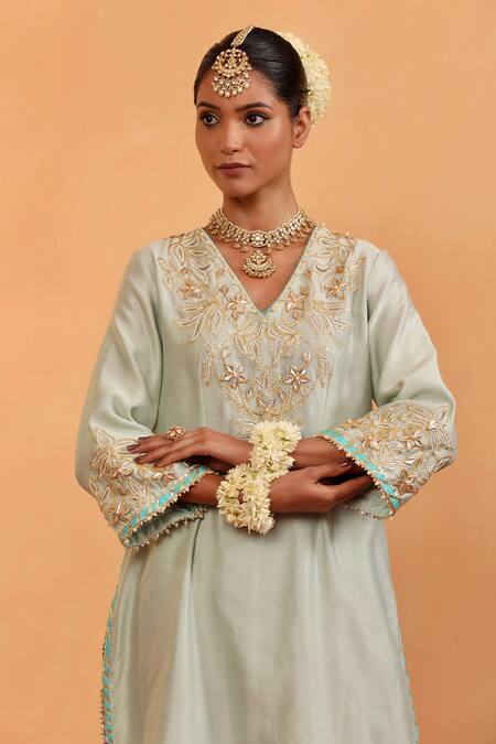 Shop Swati Wadhwani Couture Blue Organza, Chanderi Pearls, Gota Patti V-neck Noor Detailed Kurta Set Online at Aza Fashions Shop_Swati Wadhwani Couture_Blue Organza, Chanderi Pearls, Gota Patti V-neck Noor Detailed Kurta Set _Online_at_Aza_Fashions