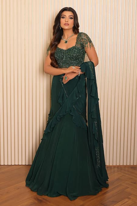 Buy_Vridhi Somaani_Green Crepe, Net Embroidery Sweetheart Ivy Pre-draped Lehenga Saree With Blouse 