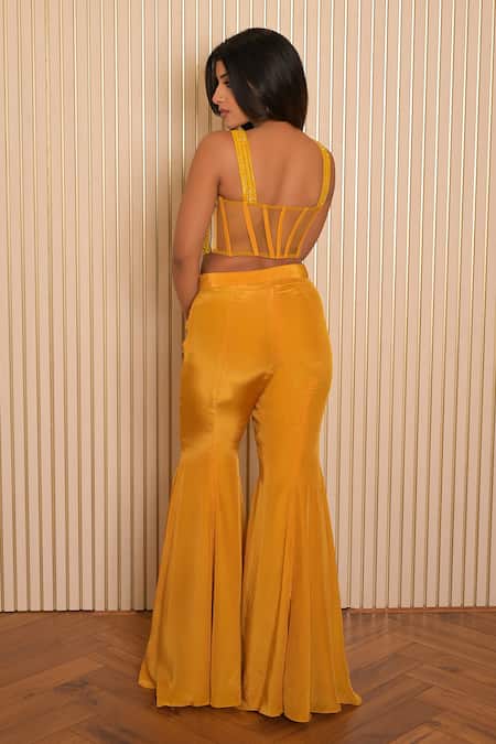 Vridhi Somaani_Yellow Net, Silk, Crepe Cut Work Amelia Tropical Print Blazer And Flared Pant Set _Online_at_Aza_Fashions