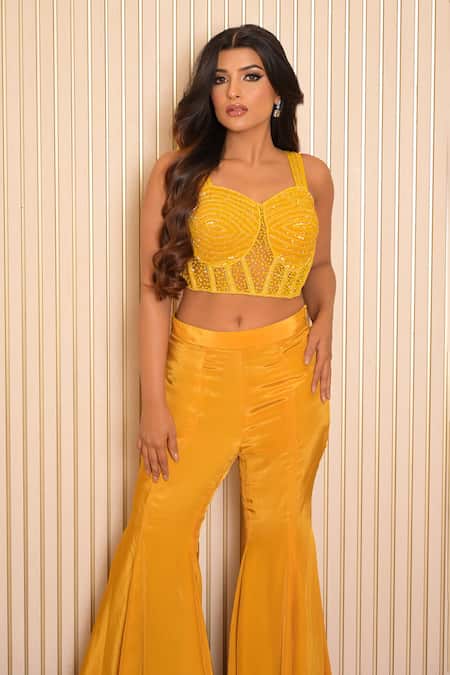 Buy_Vridhi Somaani_Yellow Net, Silk, Crepe Cut Work Amelia Tropical Print Blazer And Flared Pant Set 