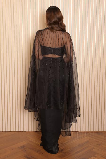 Shop Vridhi Somaani Black Satin, Georgette, Net Pearls, Emy Hand Embroidered Draped Skirt And Cape Set at Aza Fashions Shop_Vridhi Somaani_Black Satin, Georgette, Net Pearls, Emy Hand Embroidered Draped Skirt And Cape Set _at_Aza_Fashions