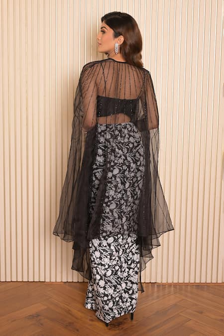Shop Vridhi Somaani Black Satin, Silk, Organza Emily Hand Embroidered Draped Skirt And Cape Set at Aza Fashions Shop_Vridhi Somaani_Black Satin, Silk, Organza Emily Hand Embroidered Draped Skirt And Cape Set _at_Aza_Fashions