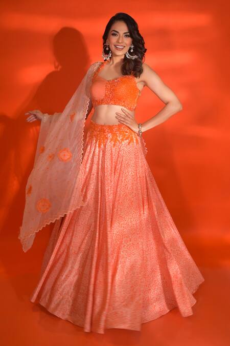 Shop_Vridhi Somaani_Orange Organza, Silk, Net Applique, Embroidery Isla Floral Print Lehenga Set _Online_at_Aza_Fashions