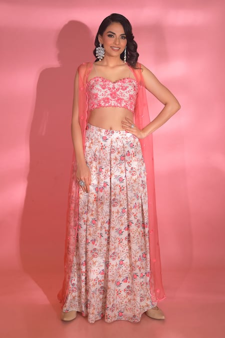 VRIDHI SOMAANI Pink Silk Crepe Printed Floral Blouse Sweetheart Mia Pant And Jacket Set 