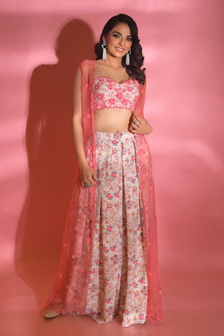 Shop_Vridhi Somaani_Pink Silk, Organza Embroidery, Cut Work, Mia Floral Print Pant And Jacket Set _at_Aza_Fashions