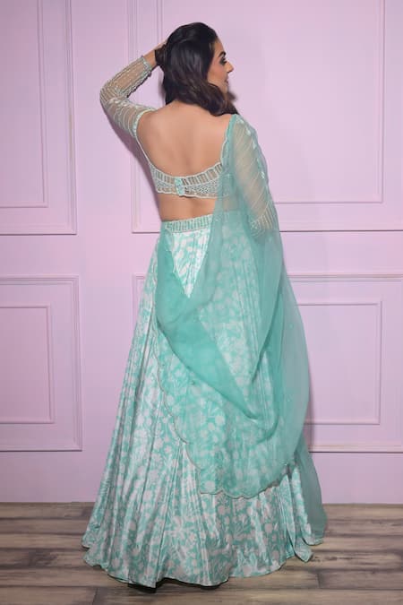 Shop_Vridhi Somaani_Green Silk, Organza, Net Pearls, Beads Eliza Floral Print Lehenga Blouse Set _at_Aza_Fashions