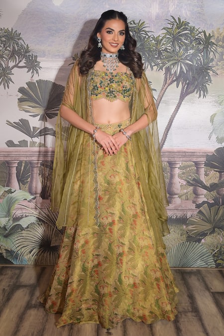 Shop_Vridhi Somaani_Green Organza, Net, Tissue Embroidery Clara Floral Print Lehenga Set With Jacket _at_Aza_Fashions