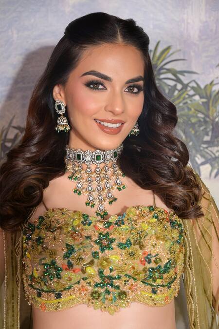 Buy_Vridhi Somaani_Green Organza, Net, Tissue Embroidery Clara Floral Print Lehenga Set With Jacket 