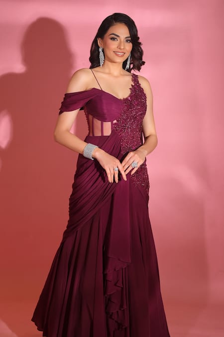 Shop_Vridhi Somaani_Wine Net, Crepe Thea Applique Patchwork Saree Gown _at_Aza_Fashions