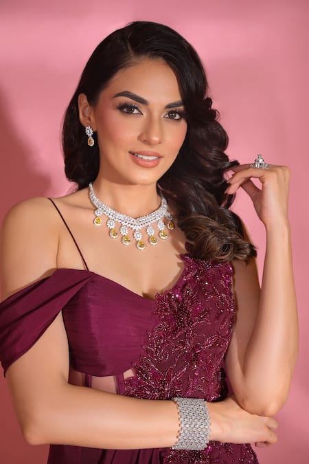Shop_Vridhi Somaani_Wine Net, Crepe Thea Applique Patchwork Saree Gown _Online_at_Aza_Fashions