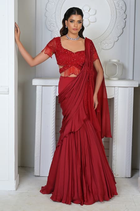 VRIDHI SOMAANI Red Satin Georgette Hand Scarlet Pre-draped Mermaid Saree With Blouse 