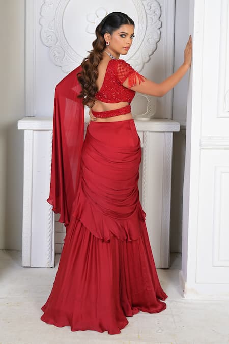 Vridhi Somaani Scarlet Pre-Draped Mermaid Saree With Blouse 