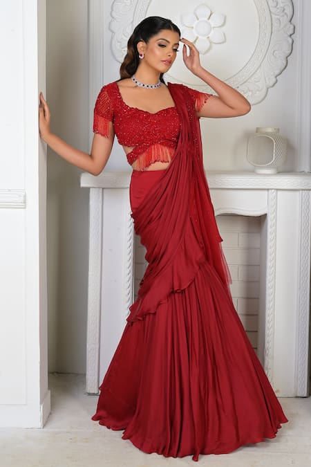 Vridhi Somaani_Red Net, Satin, Georgette Beads, Scarlet Pre-draped Mermaid Saree With Blouse _Online_at_Aza_Fashions