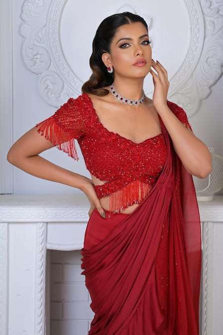 Vridhi Somaani_Red Net, Satin, Georgette Beads, Scarlet Pre-draped Mermaid Saree With Blouse _at_Aza_Fashions