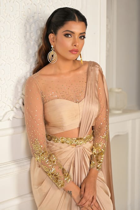 Vridhi Somaani Gold Net, Satin, Georgette Sequins, Georgina Pre-draped Saree With Ruched Blouse Online at Aza Fashions Vridhi Somaani_Gold Net, Satin, Georgette Sequins, Georgina Pre-draped Saree With Ruched Blouse _Online_at_Aza_Fashions