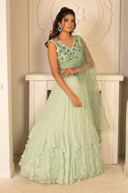 Shop_Vridhi Somaani_Green Organza, Net, Chiffon Sequins Castelle Ruffle Lehenga Saree And Blouse Set _Online_at_Aza_Fashions