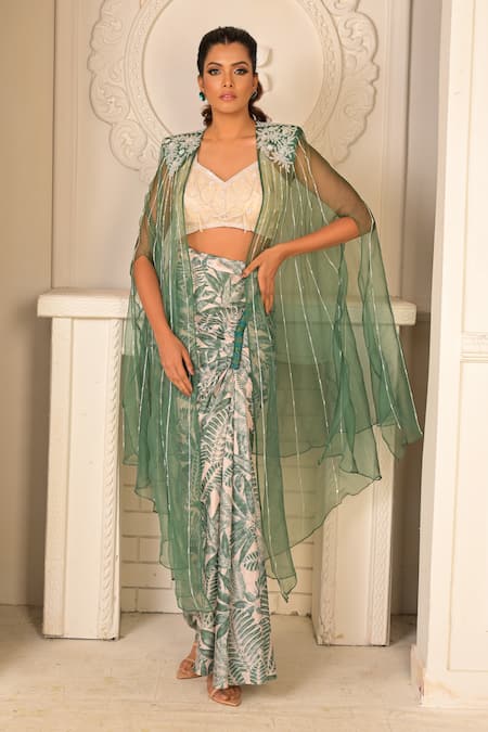 VRIDHI SOMAANI Green Silk Crepe Printed Tropical Blouse V-neck Zia Draped Skirt And Cape Set 