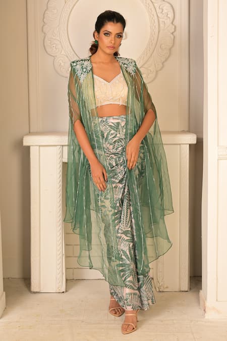 Shop_Vridhi Somaani_Green Silk, Crepe, Organza Pearls, Zia Tropical Print Draped Skirt And Cape Set _at_Aza_Fashions