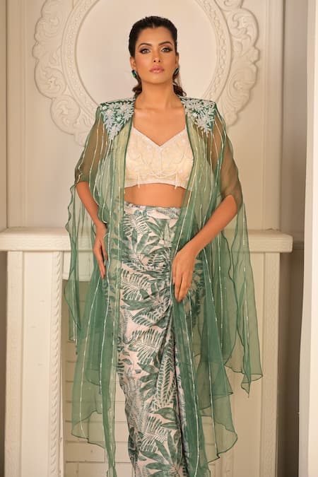 Vridhi Somaani_Green Silk, Crepe, Organza Pearls, Zia Tropical Print Draped Skirt And Cape Set _Online_at_Aza_Fashions