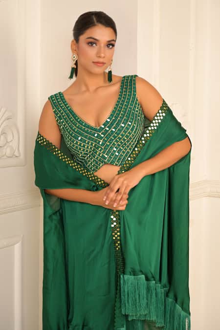 Buy_Vridhi Somaani_Green Satin, Georgette Mirrors, Fringe Jade Draped Skirt And Tasseled Jacket Set _Online_at_Aza_Fashions