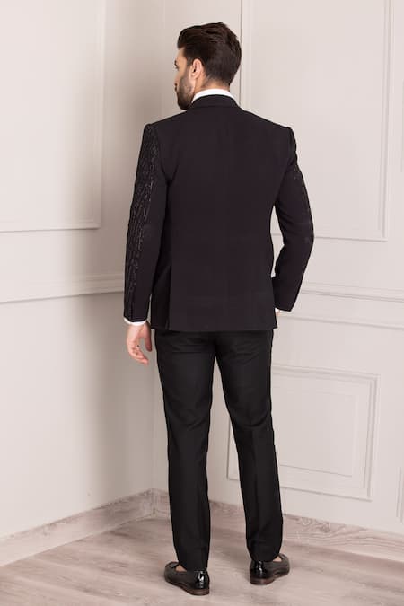 Shop_Amit Arora_Black Kota Doria Beads, Cut Work Hand Embroidered Tuxedo And Trouser Set _at_Aza_Fashions