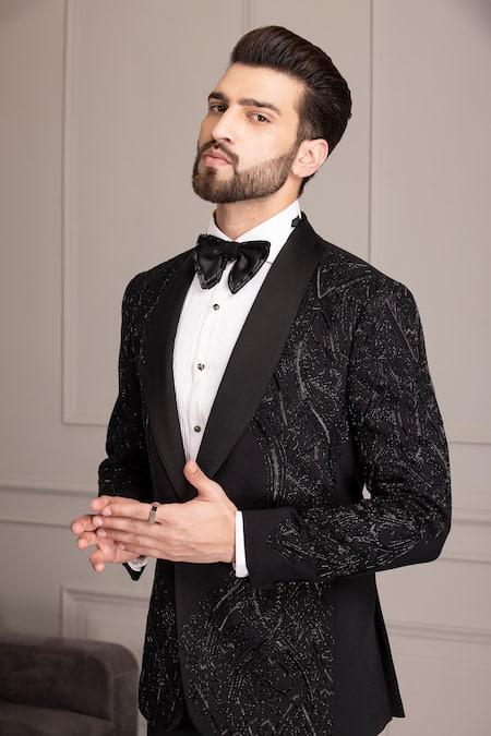 Amit Arora_Black Kota Doria Beads, Cut Work Hand Embroidered Tuxedo And Trouser Set _Online_at_Aza_Fashions