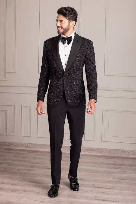 Buy_Amit Arora_Black Kota Doria Beads, Cut Work Hand Embroidered Tuxedo And Trouser Set _Online_at_Aza_Fashions