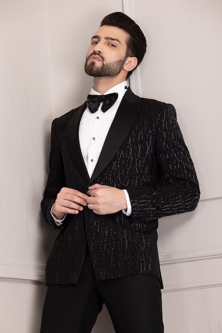 Shop_Amit Arora_Black Kota Doria Beads, Cut Work Hand Embroidered Tuxedo And Trouser Set _Online_at_Aza_Fashions