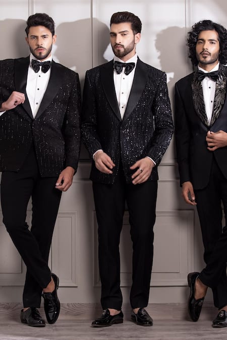 Buy_Amit Arora_Black Kota Doria Beads, Cut Work Hand Embroidered Tuxedo And Trouser Set 