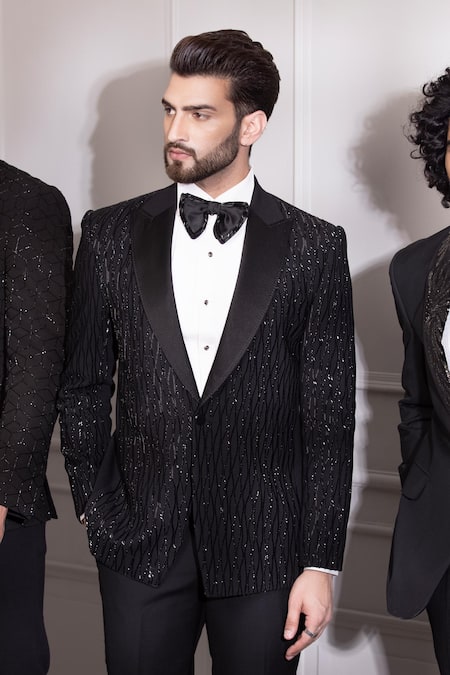 Shop_Amit Arora_Black Kota Doria Beads, Cut Work Hand Embroidered Tuxedo And Trouser Set 