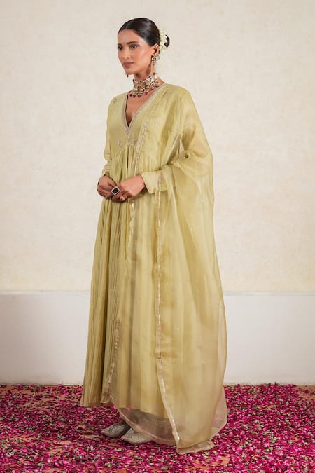 Kalakari by Akanksha Green Silk Chanderi Embroidery Sequin V Gulbahar Paisley And Aari Anarkali Set 