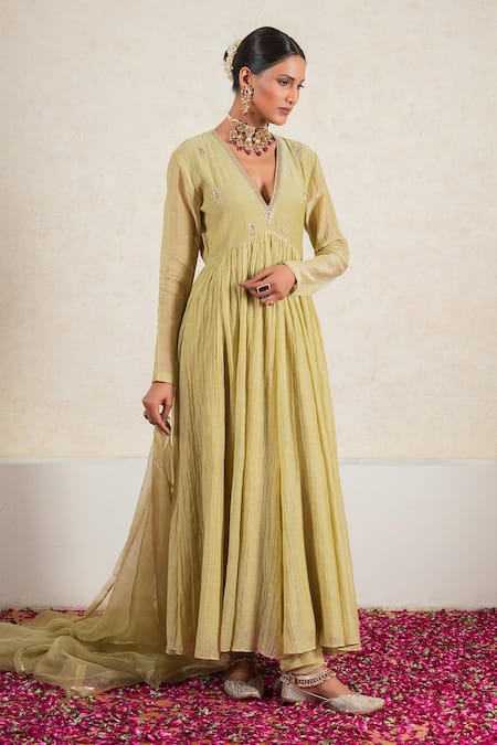 Shop_Kalakari By Akanksha_Green Cotton, Silk Organza Gulbahar Paisley And Aari Embroidered Anarkali Set _Online_at_Aza_Fashions