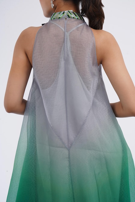 Buy_Amit Aggarwal_Emerald Green Chiffon Metallic Thread Bandeau Pleated Ombre Handkerchief Dress 
