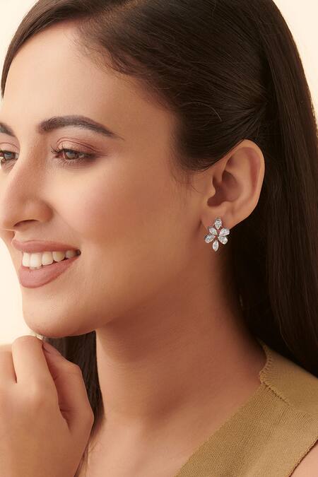 Shop Fiona Diamonds White Imitation Diamonds 14kt Gold Pear Shaped Lab Earrings at Aza Fashions Shop_Fiona Diamonds_White Imitation Diamonds 14kt Gold Pear Shaped Lab Earrings_at_Aza_Fashions