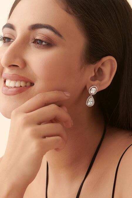 Shop Fiona Diamonds Rose Gold Imitation Diamonds 14kt Polki Lab Earrings at Aza Fashions Shop_Fiona Diamonds_Rose Gold Imitation Diamonds 14kt Polki Lab Earrings_at_Aza_Fashions