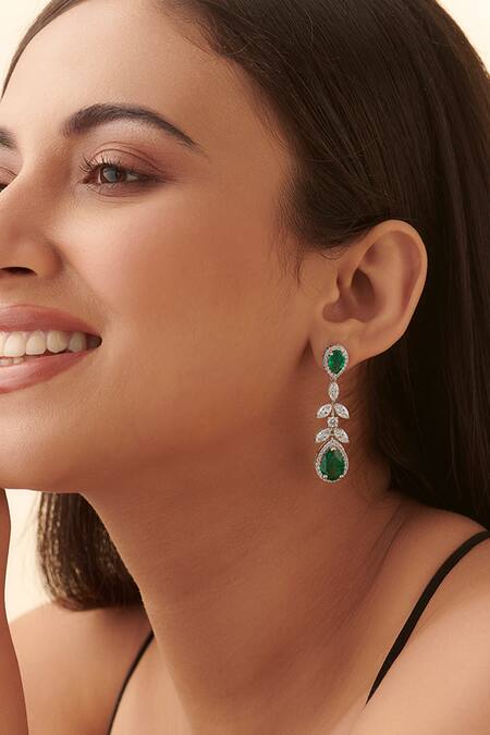 Shop Fiona Diamonds Green Diamonds, Stones 14kt White Gold Lab Embellished Chandelier Earrings at Aza Fashions Shop_Fiona Diamonds_Green Diamonds, Stones 14kt White Gold Lab Embellished Chandelier Earrings_at_Aza_Fashions
