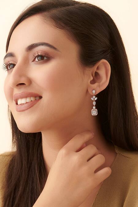 Shop Fiona Diamonds Rose Gold Imitation Diamonds 14kt Marquise Lab Drop Earrings at Aza Fashions Shop_Fiona Diamonds_Rose Gold Imitation Diamonds 14kt Marquise Lab Drop Earrings_at_Aza_Fashions