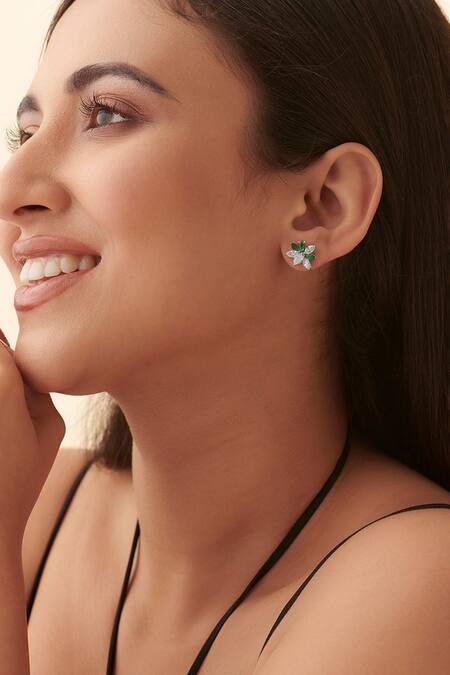 Shop Fiona Diamonds Green Imitation Diamonds 14kt White Gold Marquise Lab Earrings at Aza Fashions Shop_Fiona Diamonds_Green Imitation Diamonds 14kt White Gold Marquise Lab Earrings_at_Aza_Fashions