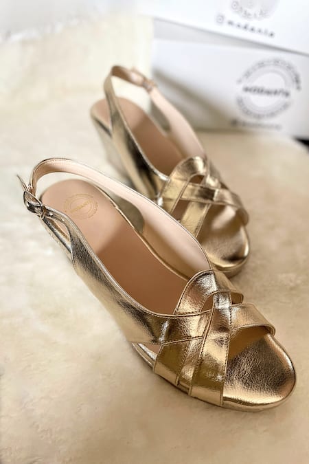 Shop_Modanta Footwear_Gold Cross Strap Snakeskin Wedges _at_Aza_Fashions