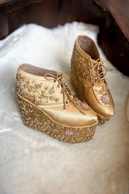 Shop_Modanta Footwear_Gold Cut Work, Embroidery Floral Dabka Bridal Wedge Sneakers _at_Aza_Fashions