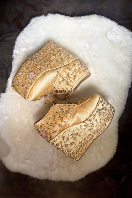 Modanta Footwear_Gold Cut Work, Embroidery Floral Dabka Bridal Wedge Sneakers _Online_at_Aza_Fashions