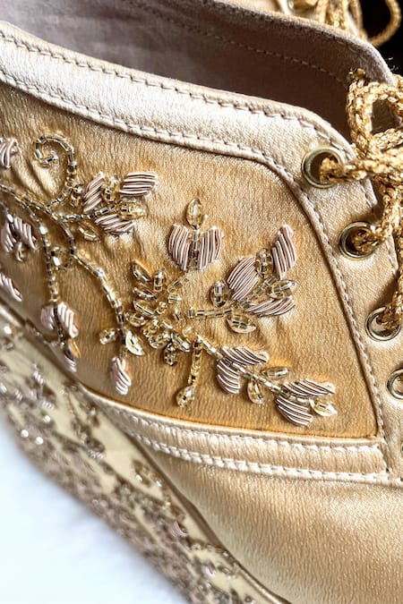 Buy_Modanta Footwear_Gold Cut Work, Embroidery Floral Dabka Bridal Wedge Sneakers _Online_at_Aza_Fashions