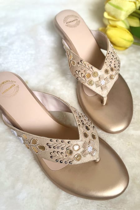 Shop_Modanta Footwear_Gold Gota Patti Bloom Work V Strap Wedges _at_Aza_Fashions