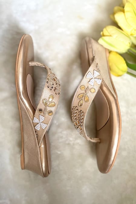 Modanta Footwear_Gold Gota Patti Bloom Work V Strap Wedges _Online_at_Aza_Fashions