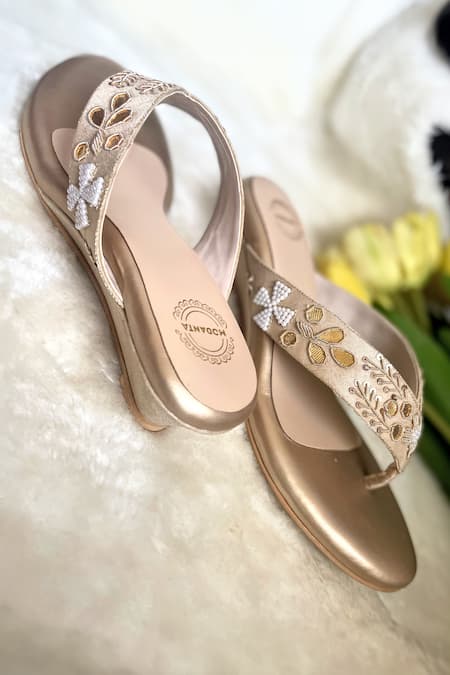 Buy_Modanta Footwear_Gold Gota Patti Bloom Work V Strap Wedges _Online_at_Aza_Fashions